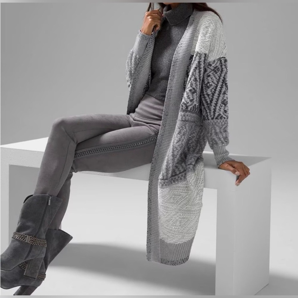 WHBM Gray White Sequin Cover Up Cardigan Sweater Coat Fair Isle Nordic Size M - Picture 2 of 15